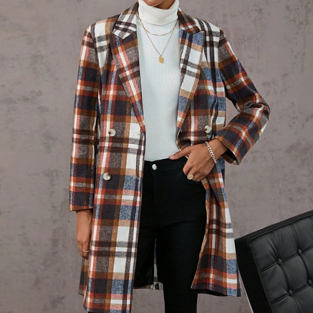 Rust Brown Casual Womens Plaid Double Breasted Overcoat - Picture 5 of 5